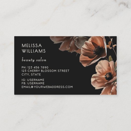 Carte De Visite Blush Pink Flowers Black (Dos)