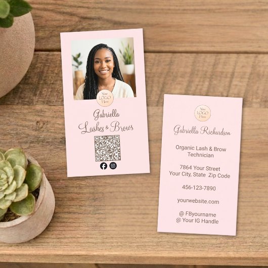 Carte De Visite Blush Pink Logo QR Code Photo Lashes and Brows