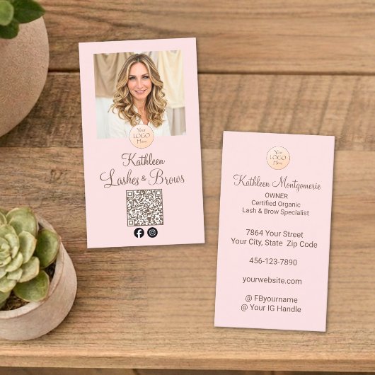 Carte De Visite Blush Pink Logo QR Code Photo Lashes and Brows