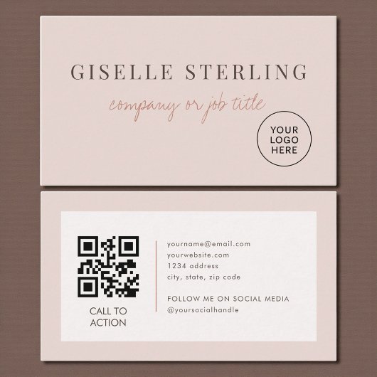 Carte De Visite Blush Pink Minimalist Company Logo QR Code