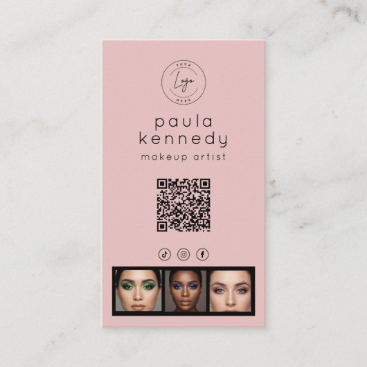 Carte De Visite Blush Pink Modern Photo Logo QR Code (Devant)