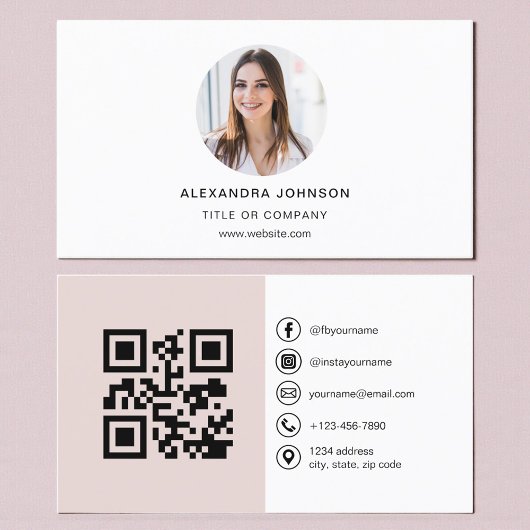 Carte De Visite Blush Pink Modern Photo with QR Code Social Media
