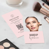 Carte De Visite Blush Pink Modern Script Font QR Code Photo Makeup