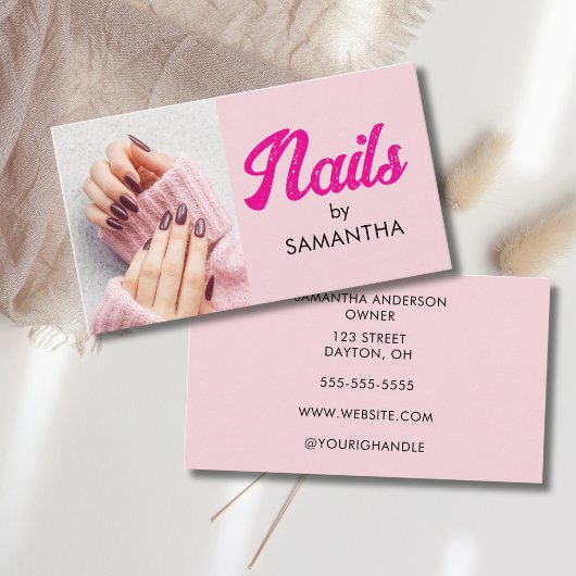 Carte De Visite Blush Pink Modern Script Photo Nails