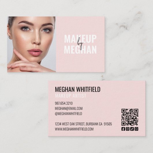 Carte De Visite Blush Pink Modern Social Icon QR Code Photo Makeup (Devant / Derrière)