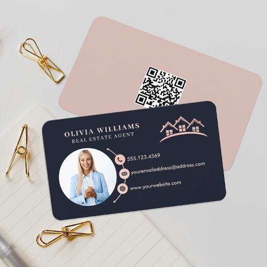 Carte De Visite Blush Pink & Navy Professional Immobilier Photo