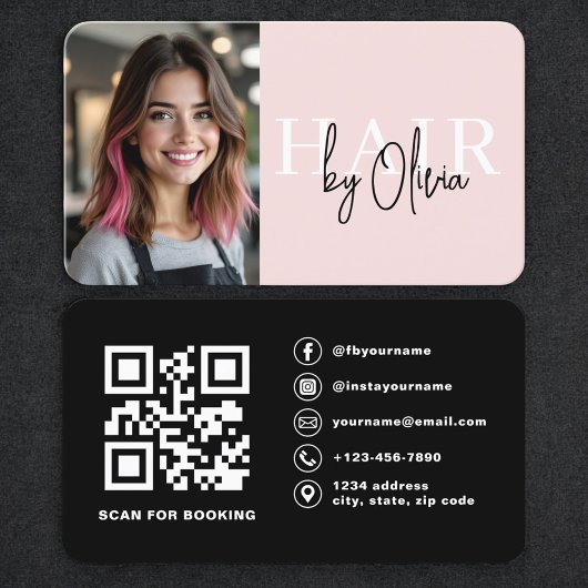 Carte De Visite Blush Pink Photo QR Code Hair Stylist