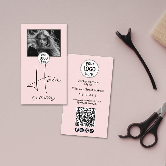 Carte De Visite Blush Pink Photo Script Hair Logo QR Code Social 