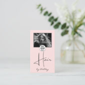 Carte De Visite Blush Pink Photo Script Hair Logo QR Code Social  (Debout devant)