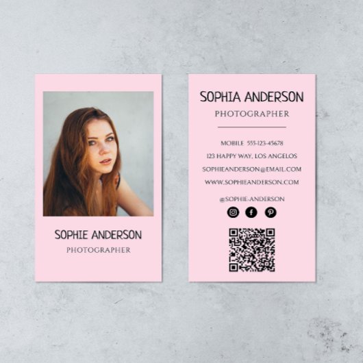 Carte De Visite Blush Pink Photographe Photo with QR Code