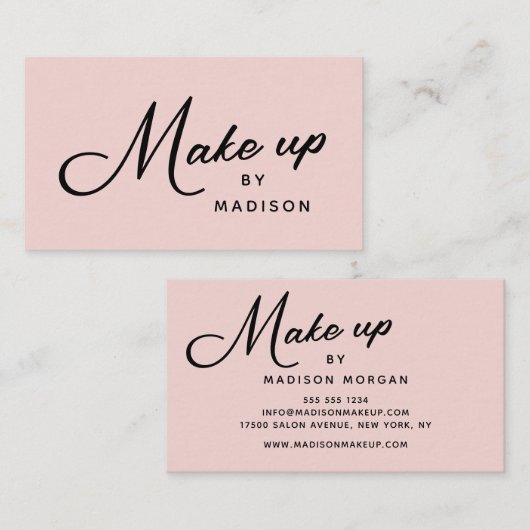 Carte De Visite Blush Pink Retro Black Script Makeup (Devant / Derrière)