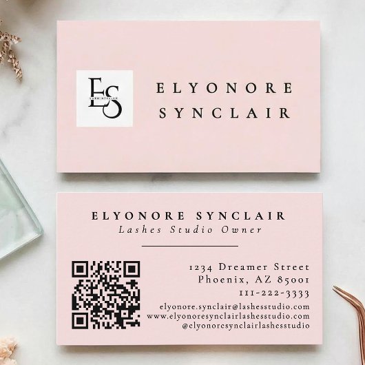 Carte De Visite Blush Pink Script Logo QR Code Lashes