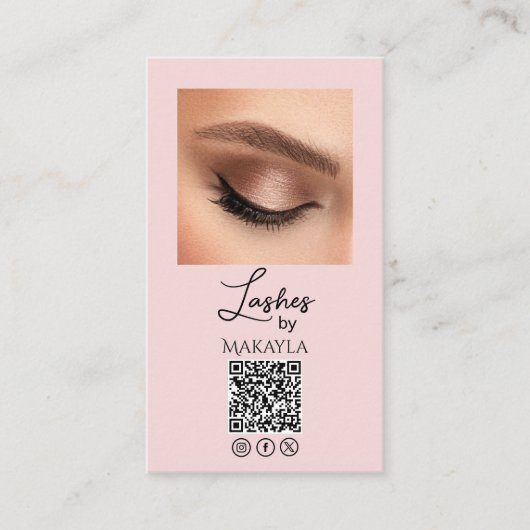 Carte De Visite Blush Pink Script Logo QR Code Photo Lashes (Devant)