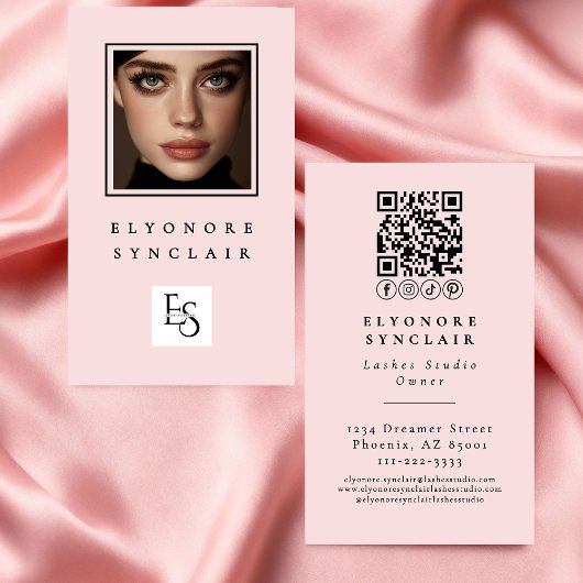 Carte De Visite Blush Pink Script Logo QR Code Photo Lashes