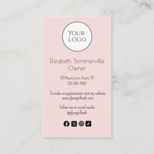 Carte De Visite Blush Pink Script Logo QR Code Photo Lashes (Dos)