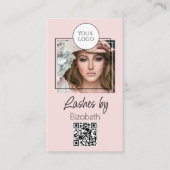 Carte De Visite Blush Pink Script Logo QR Code Photo Lashes (Devant)