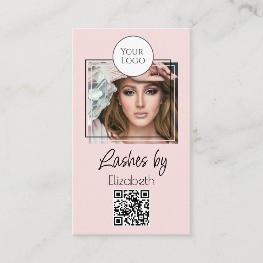 Carte De Visite Blush Pink Script Logo QR Code Photo Lashes (Devant)