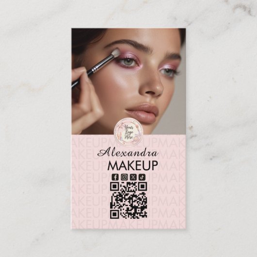 Carte De Visite Blush Pink Script Logo QR Code Photo Makeup (Devant)