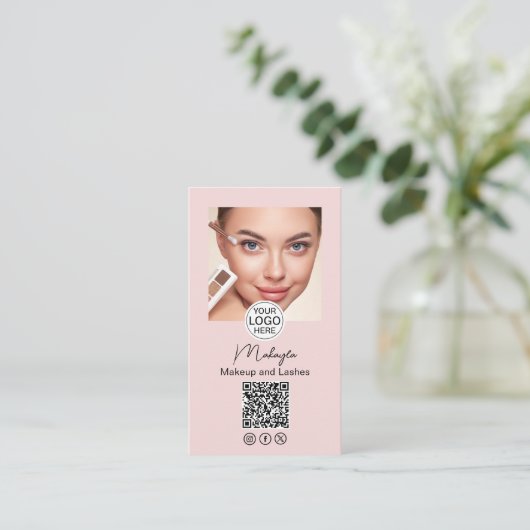 Carte De Visite Blush Pink Script Logo QR Code Photo Makeup (Debout devant)