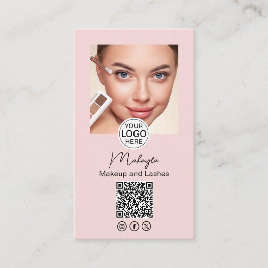 Carte De Visite Blush Pink Script Logo QR Code Photo Makeup (Devant)
