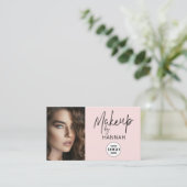 Carte De Visite Blush Pink Script Logo QR Code Photo Makeup (Debout devant)
