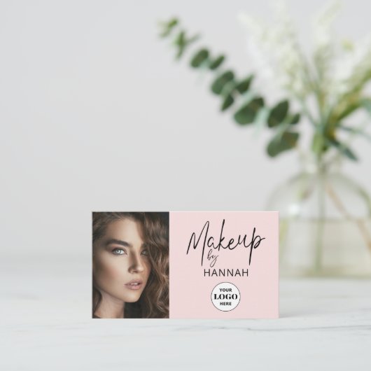 Carte De Visite Blush Pink Script Logo QR Code Photo Makeup (Debout devant)