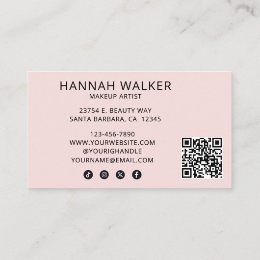 Carte De Visite Blush Pink Script Logo QR Code Photo Makeup (Dos)