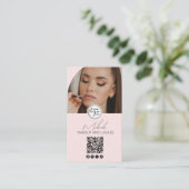 Carte De Visite Blush Pink Script Logo QR Code Photo Makeup (Debout devant)