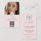Carte De Visite Blush Pink Script Logo QR Code Photo Makeup (Devant / Derrière)