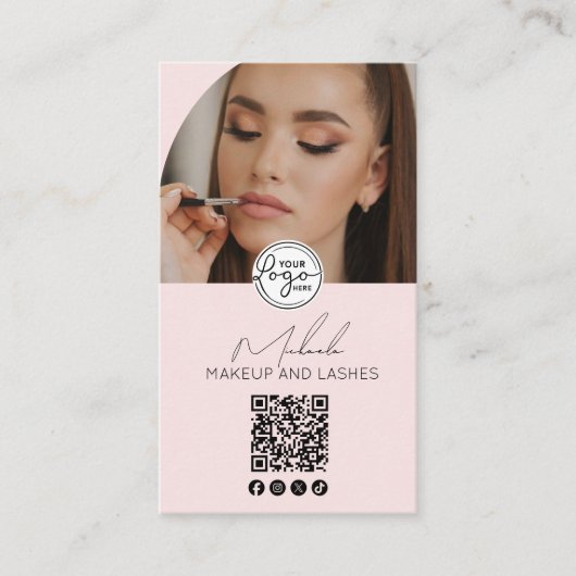 Carte De Visite Blush Pink Script Logo QR Code Photo Makeup (Devant)