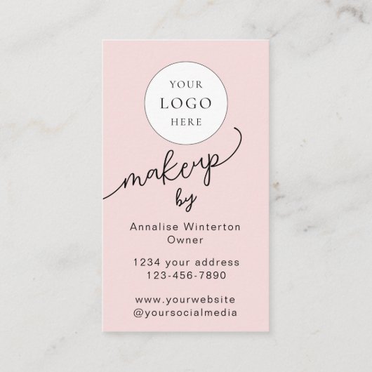Carte De Visite Blush Pink Script Logo QR Code Photo Makeup (Dos)