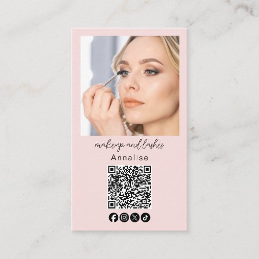 Carte De Visite Blush Pink Script Logo QR Code Photo Makeup (Devant)