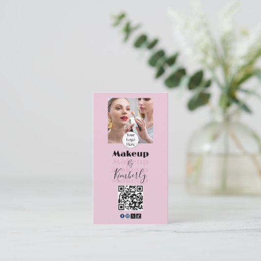 Carte De Visite Blush Pink Script Logo QR Code Photo Makeup (Debout devant)