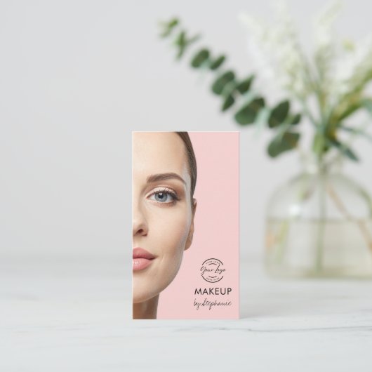 Carte De Visite Blush Pink Script Logo QR Code Photo Makeup (Debout devant)