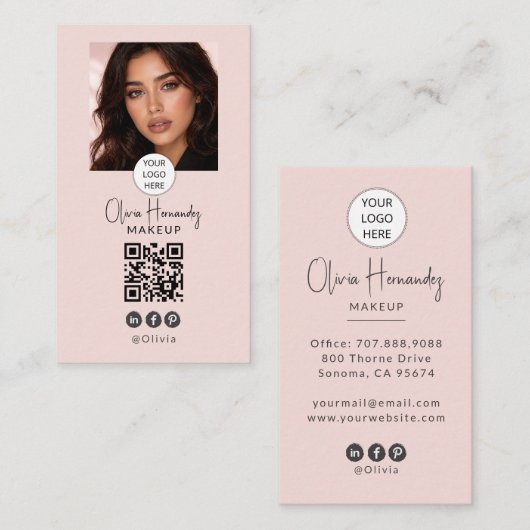 Carte De Visite Blush Pink Script Logo QR Code Photo Makeup (Devant / Derrière)