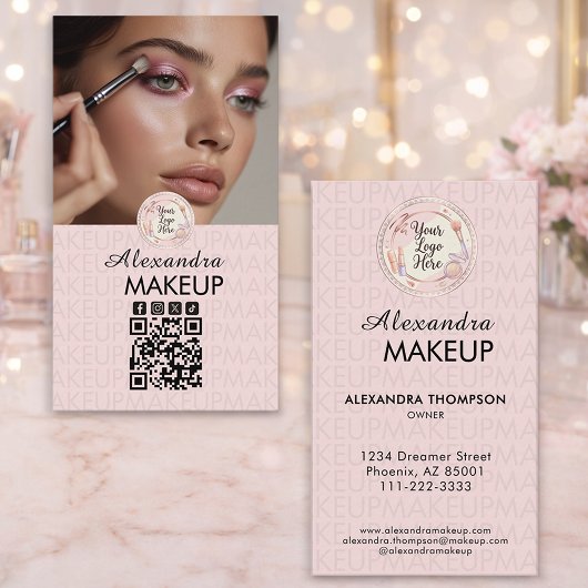 Carte De Visite Blush Pink Script Logo QR Code Photo Makeup