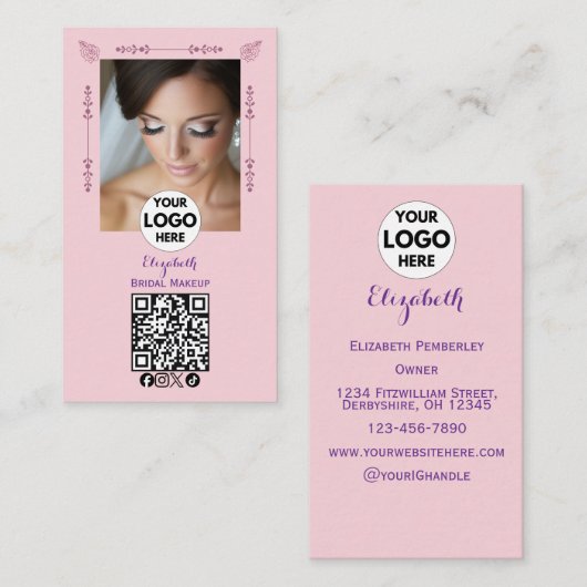 Carte De Visite Blush Pink Script Logo QR Code Photo Makeup (Devant / Derrière)