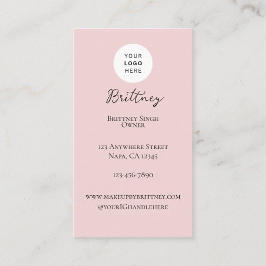 Carte De Visite Blush Pink Script Logo QR Code Photo Makeup  (Dos)