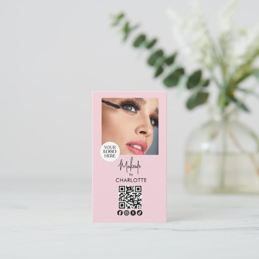 Carte De Visite Blush Pink Script Logo QR Code Photo Makeup (Debout devant)