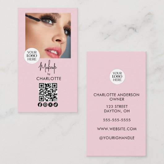 Carte De Visite Blush Pink Script Logo QR Code Photo Makeup (Devant / Derrière)