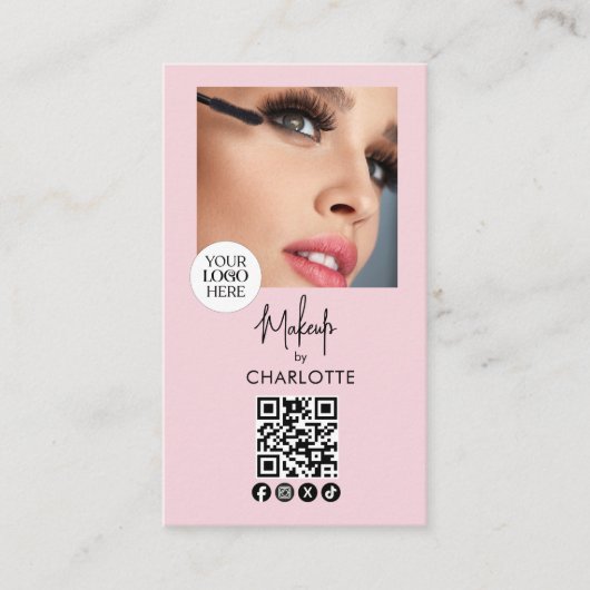 Carte De Visite Blush Pink Script Logo QR Code Photo Makeup (Devant)