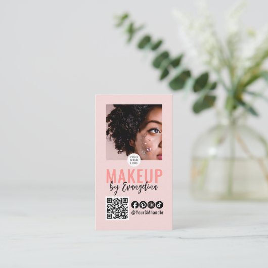 Carte De Visite Blush Pink Script Logo QR Code Photo Makeup (Debout devant)