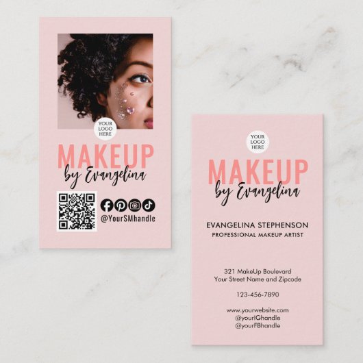Carte De Visite Blush Pink Script Logo QR Code Photo Makeup (Devant / Derrière)