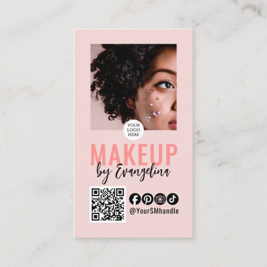 Carte De Visite Blush Pink Script Logo QR Code Photo Makeup (Devant)