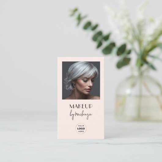Carte De Visite Blush Pink Script Logo QR Code Photo Makeup (Debout devant)