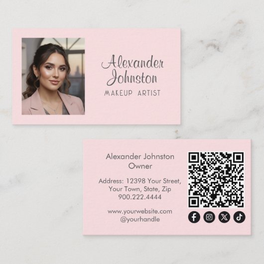 Carte De Visite Blush Pink Script ocial Icon QR Code Photo Makeup (Devant / Derrière)