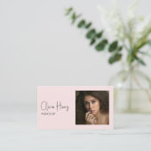 Carte De Visite Blush Pink Script Photo Makeup Artist  (Debout devant)