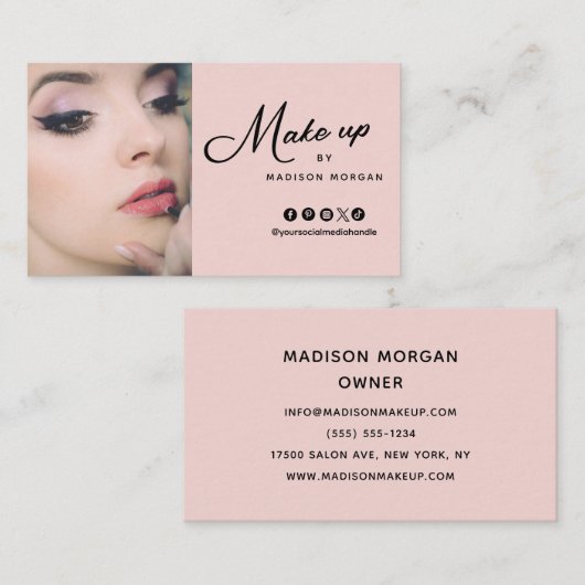 Carte De Visite Blush Pink Script Photo Makeup Business Card (Devant / Derrière)