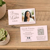 Carte De Visite Blush Pink Script Photo QR Code Brows and Lashes