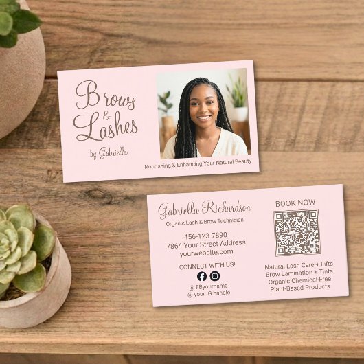 Carte De Visite Blush Pink Script Photo QR Code Brows and Lashes